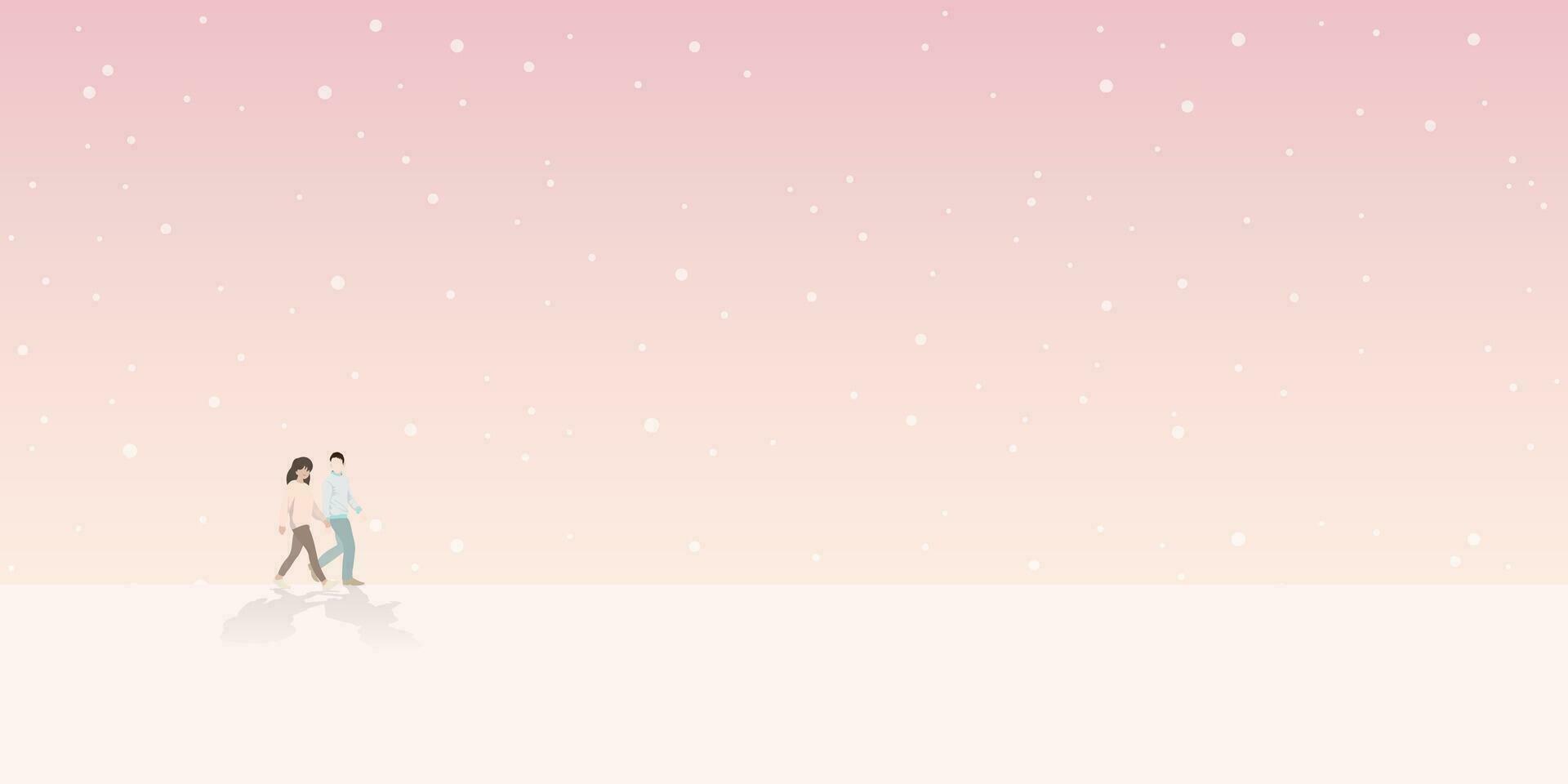 Couple of lover walking together with dramatic sky background and snowfall vector illustration have blank space. Valentine's day greeting card template.