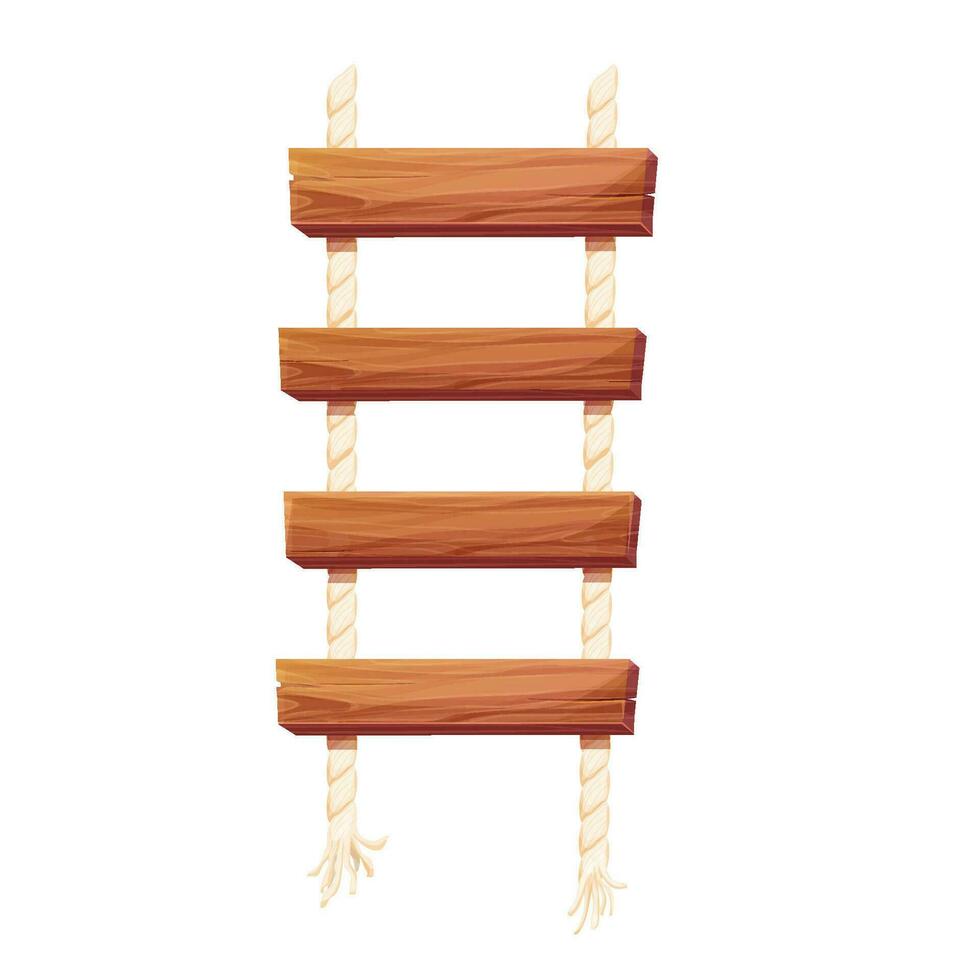 Wooden ladder with rope, planks hanging, staircase in cartoon style isolated on white background, Bridge, game road. Vector illustration