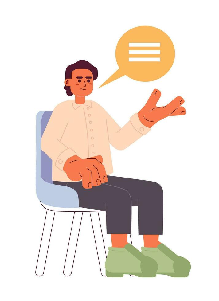 South asian job candidate man speaking answering 2D cartoon character. Indian guy interviewee isolated vector person white background. Sitting on chair male making offer color flat spot illustration