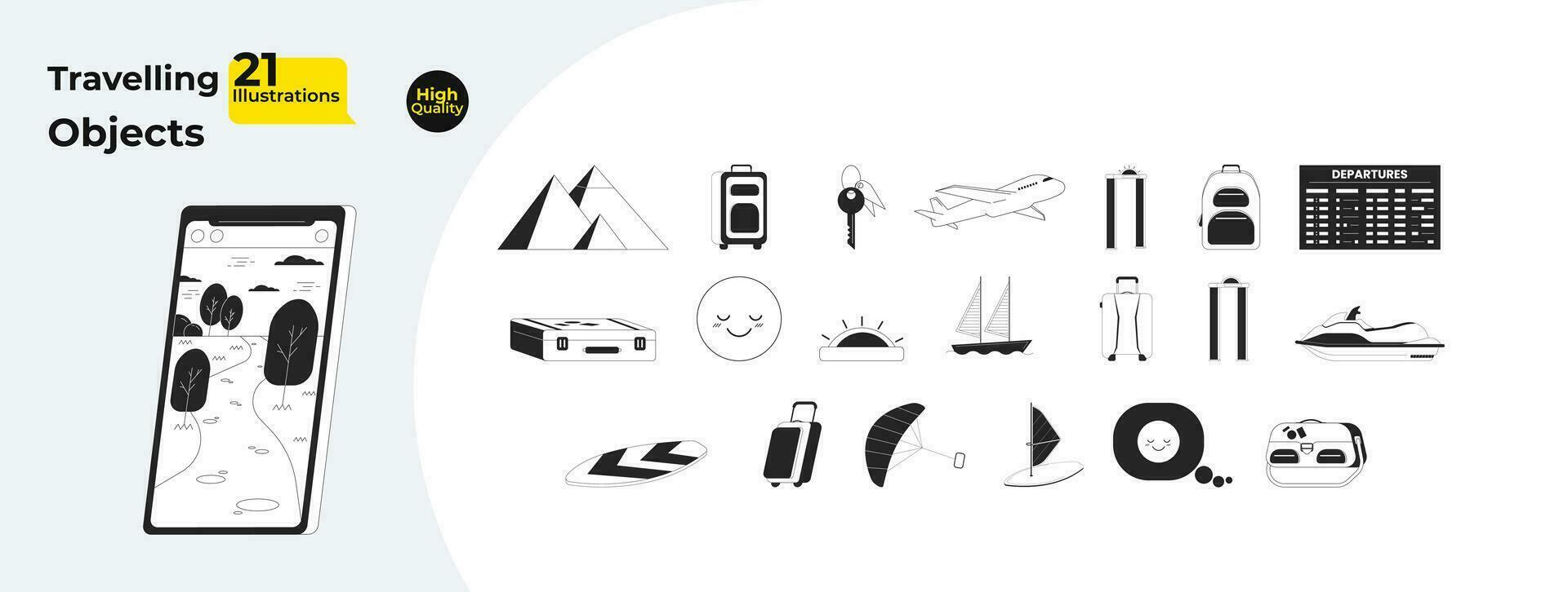 Travelling black and white 2D line cartoon objects bundle. Leisure, baggage isolated vector outline items collection. Flight plane, water sports monochromatic flat spot illustration collection