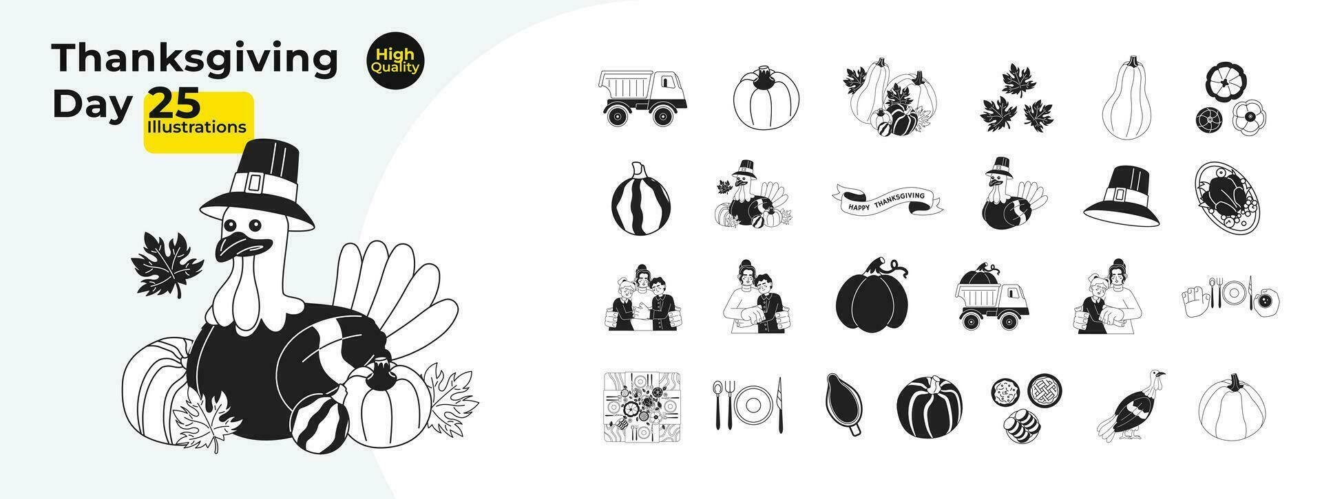Thanksgiving day black and white cartoon flat illustration bundle. Pilgrim turkey bird, fall pumpkins linear 2D objects, characters isolated. Hugs family, eating monochromatic vector image collection