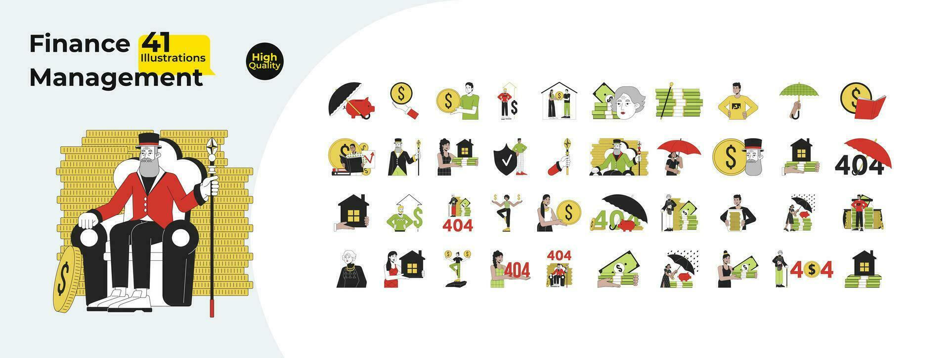 Finance management 2D linear illustration concept bundle. Money people multicultural cartoon characters isolated on white. Mortgage home, piggy metaphor abstract flat vector outline graphic collection