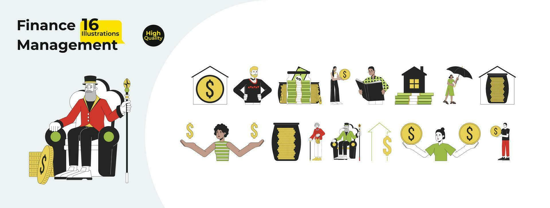 Activities financial 2D linear illustration concept bundle. Finance people diverse cartoon characters isolated on white. Saving money metaphor abstract flat vector outline graphic collection