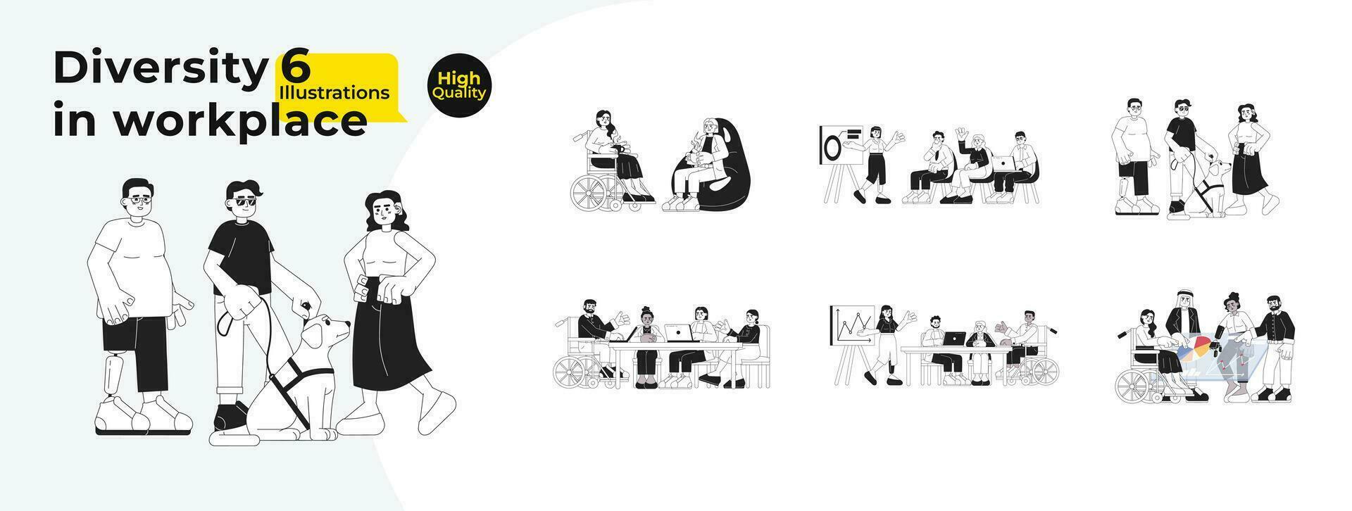 Inclusion in workplace black and white cartoon flat illustration bundle. Diverse multiracial office workers linear 2D characters isolated. Coffee break, meeting monochromatic vector image collection