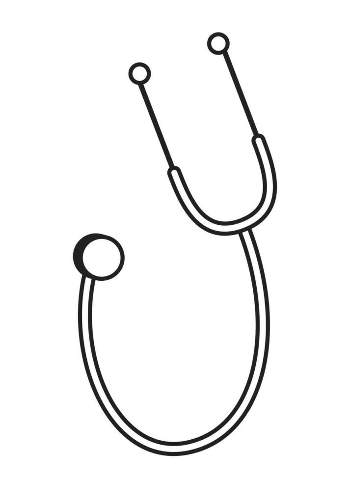 Doctor stethoscope black and white 2D cartoon object. Medicine instrument isolated vector outline item. Medical examination tool listening to heartbeat monochromatic flat spot illustration