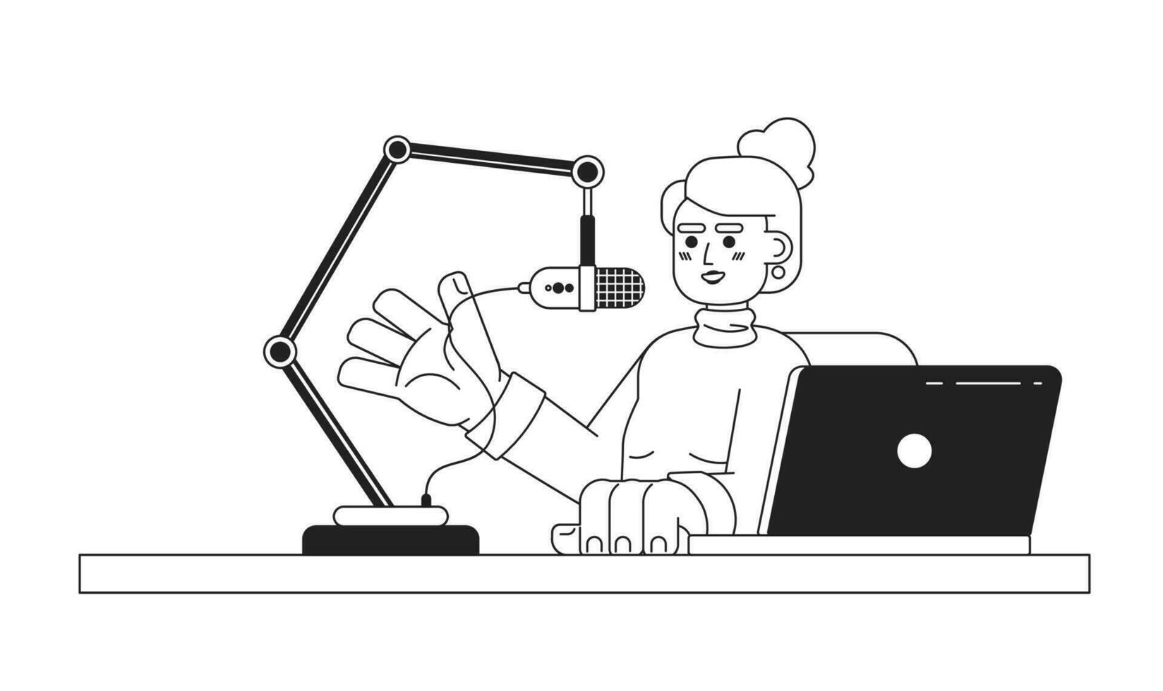 Caucasian woman talking microphone stand laptop black and white 2D cartoon character. Radio show host young adult female isolated vector outline person. Influencer monochromatic flat spot illustration