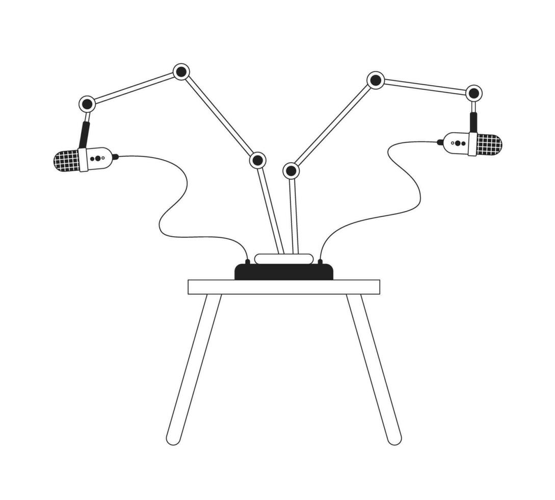 Two microphones stands on coffee table black and white 2D cartoon object. Broadcast technology isolated vector outline item. Podcasting studio. Mic stand desk monochromatic flat spot illustration