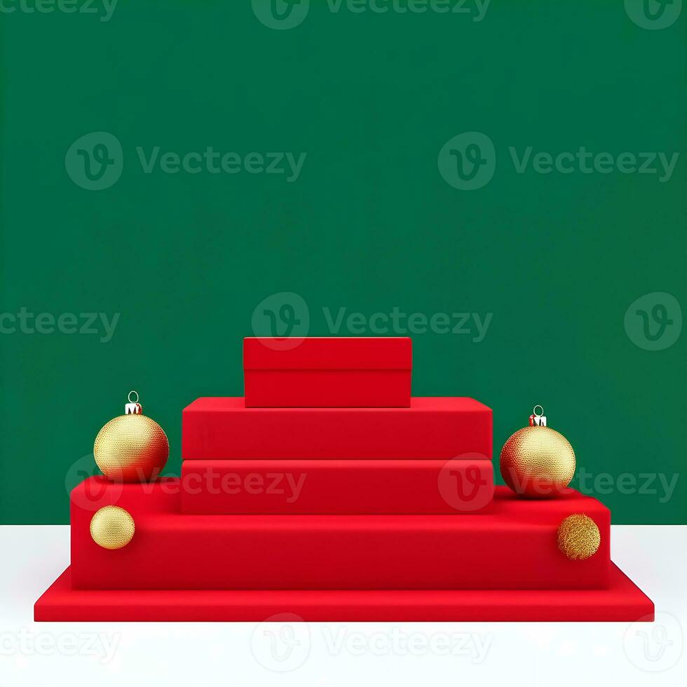 christmas-red-texture-and-podium-on-and-golden-balls-green-tree-golden-podium-three--small-podium on december photo