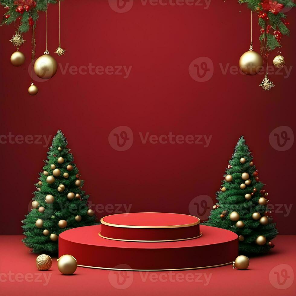 christmas-red-texture-and-podium-on-and-golden-balls-green-tree-golden-podium-three--small-podium on december photo