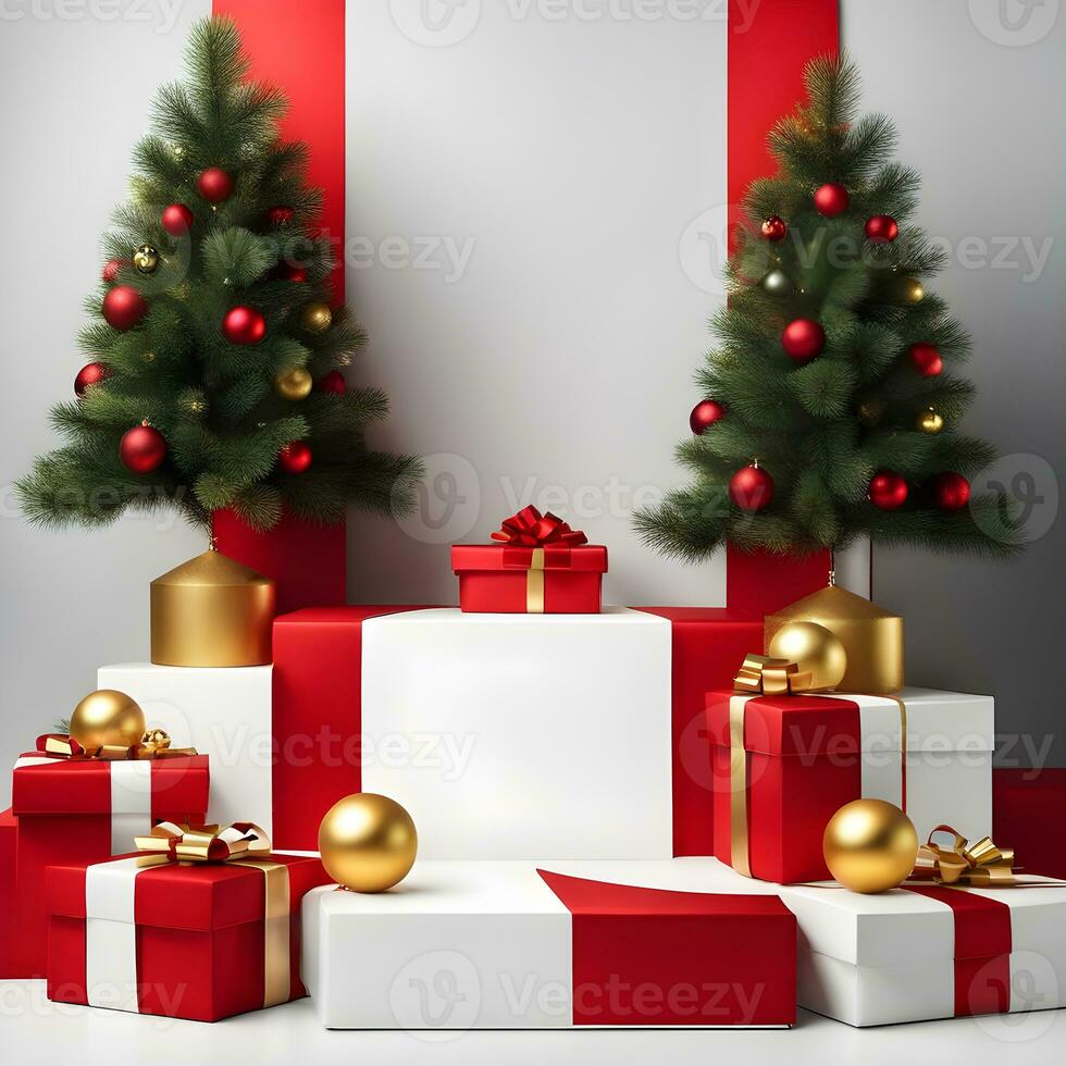 christmas-red-texture-and-podium-on-and-golden-balls-green-tree-golden-podium-three--small-podium on december photo