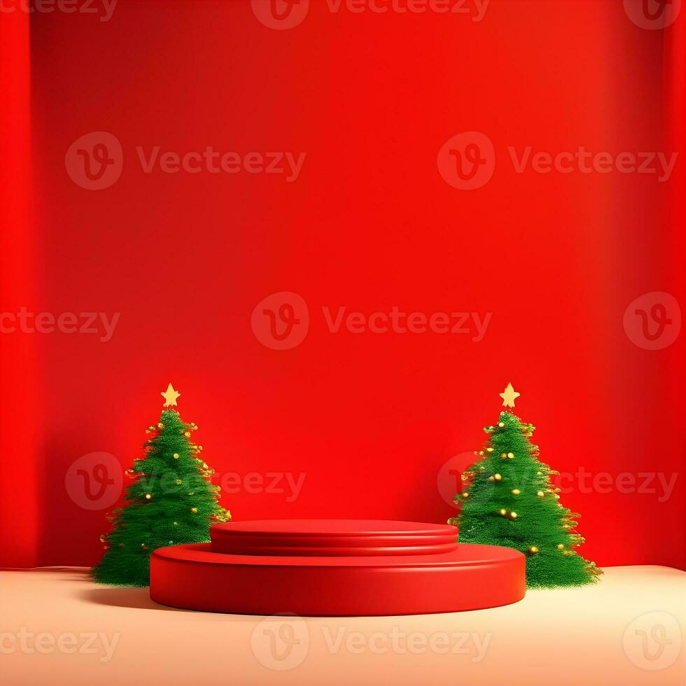 christmas-red-texture-and-podium-on-and-golden-balls-green-tree-golden-podium-three--small-podium on december photo
