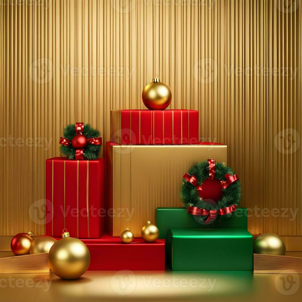 christmas-red-texture-and-podium-on-and-golden-balls-green-tree-golden-podium-three--small-podium on december photo