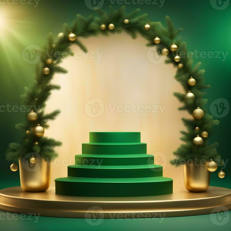 christmas-red-texture-and-podium-on-and-golden-balls-green-tree-golden-podium-three--small-podium on december photo