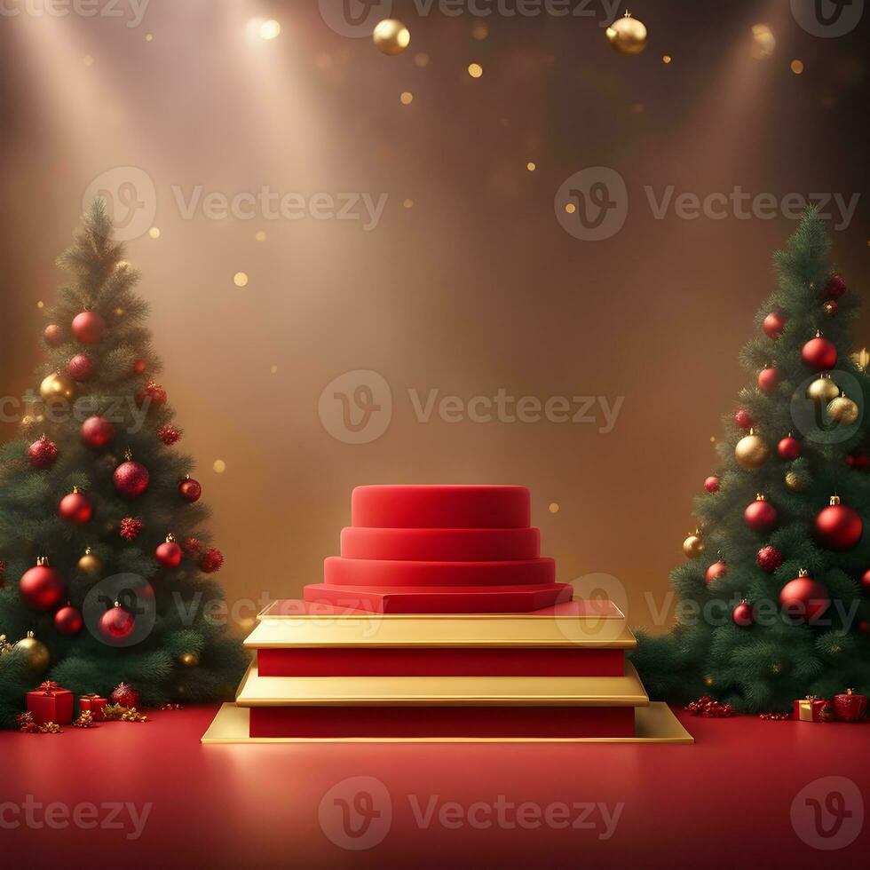 christmas-red-texture-and-podium-on-and-golden-balls-green-tree-golden-podium-three--small-podium on december photo