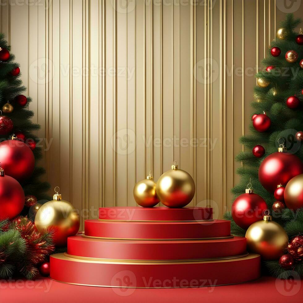 christmas-red-texture-and-podium-on-and-golden-balls-green-tree-golden-podium-three--small-podium on december photo