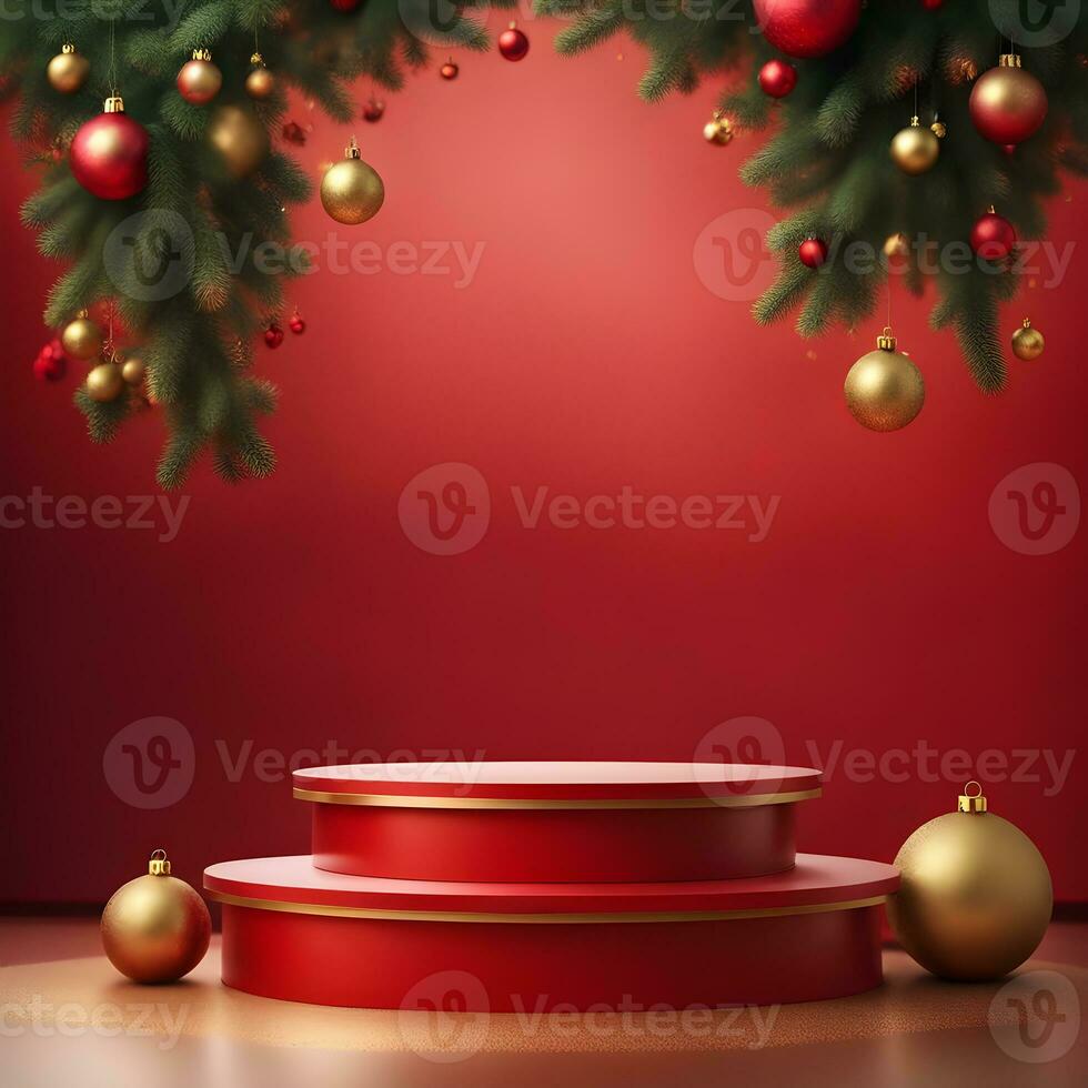 christmas-red-texture-and-podium-on-and-golden-balls-green-tree-golden-podium-three--small-podium on december photo