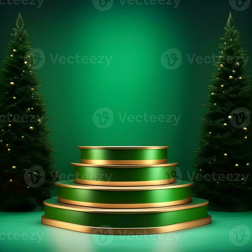 christmas-red-texture-and-podium-on-and-golden-balls-green-tree-golden-podium-three--small-podium on december photo