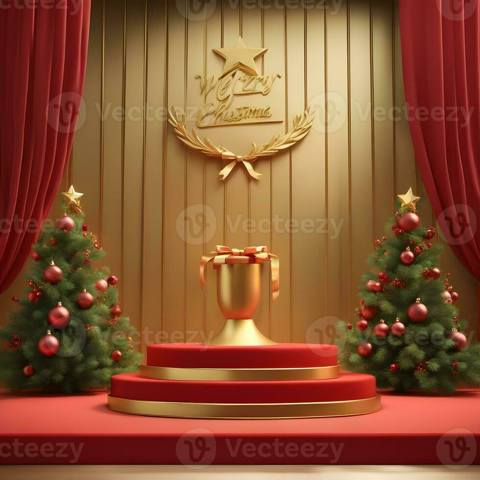 christmas-red-texture-and-podium-on-and-golden-balls-green-tree-golden-podium-three--small-podium on december photo