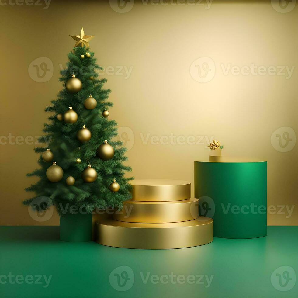 christmas-red-texture-and-podium-on-and-golden-balls-green-tree-golden-podium-three--small-podium on december photo