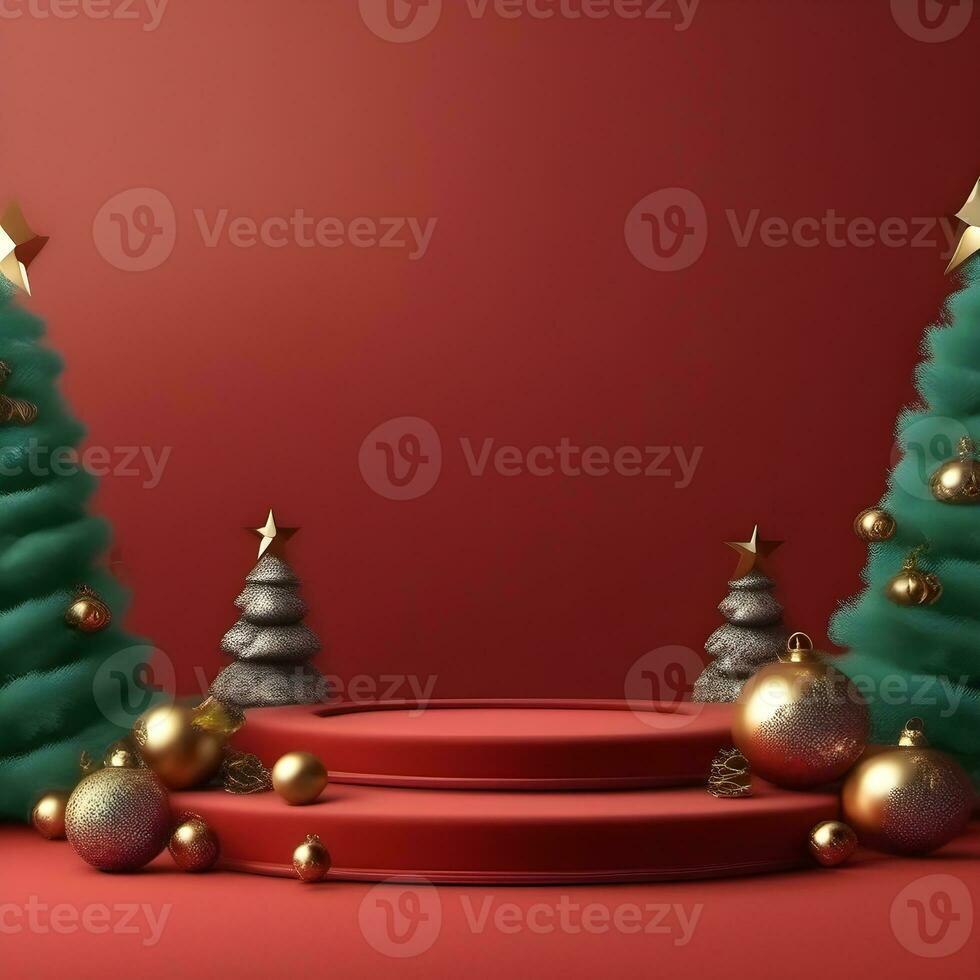 christmas-red-texture-and-podium-on-and-golden-balls-green-tree-golden-podium-three--small-podium on december photo