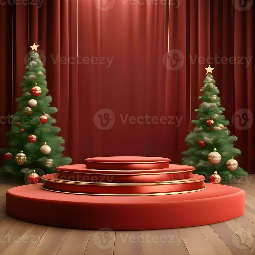 christmas-red-texture-and-podium-on-and-golden-balls-green-tree-golden-podium-three--small-podium on december photo