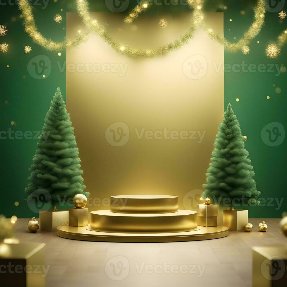 christmas-red-texture-and-podium-on-and-golden-balls-green-tree-golden-podium-three--small-podium on december photo