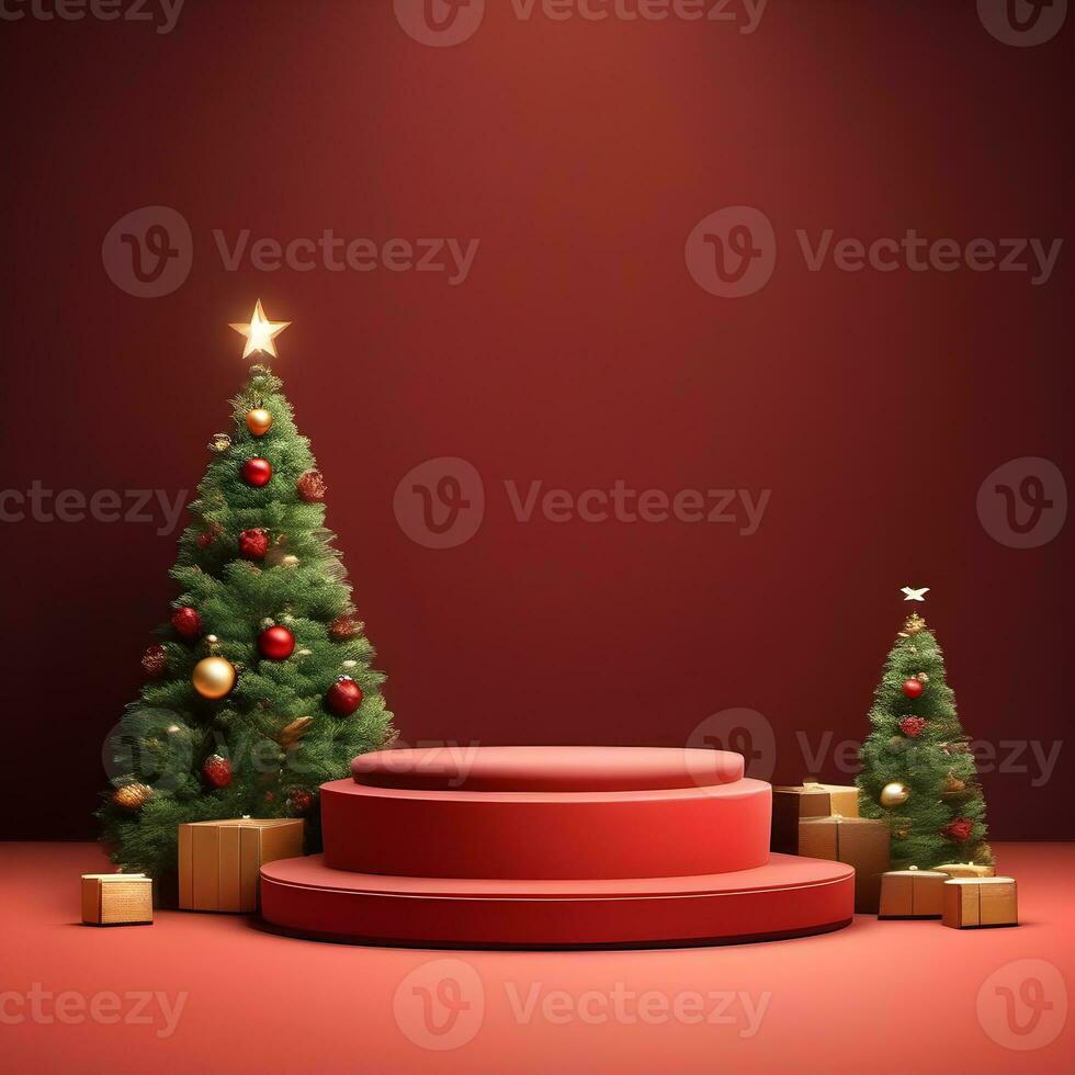 christmas-red-texture-and-podium-on-and-golden-balls-green-tree-golden-podium-three--small-podium on december photo