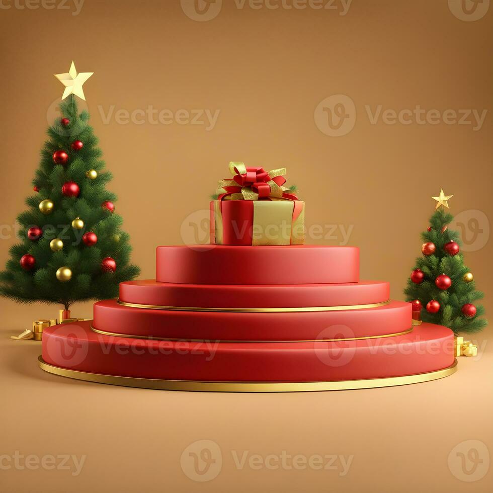christmas-red-texture-and-podium-on-and-golden-balls-green-tree-golden-podium-three--small-podium on december photo