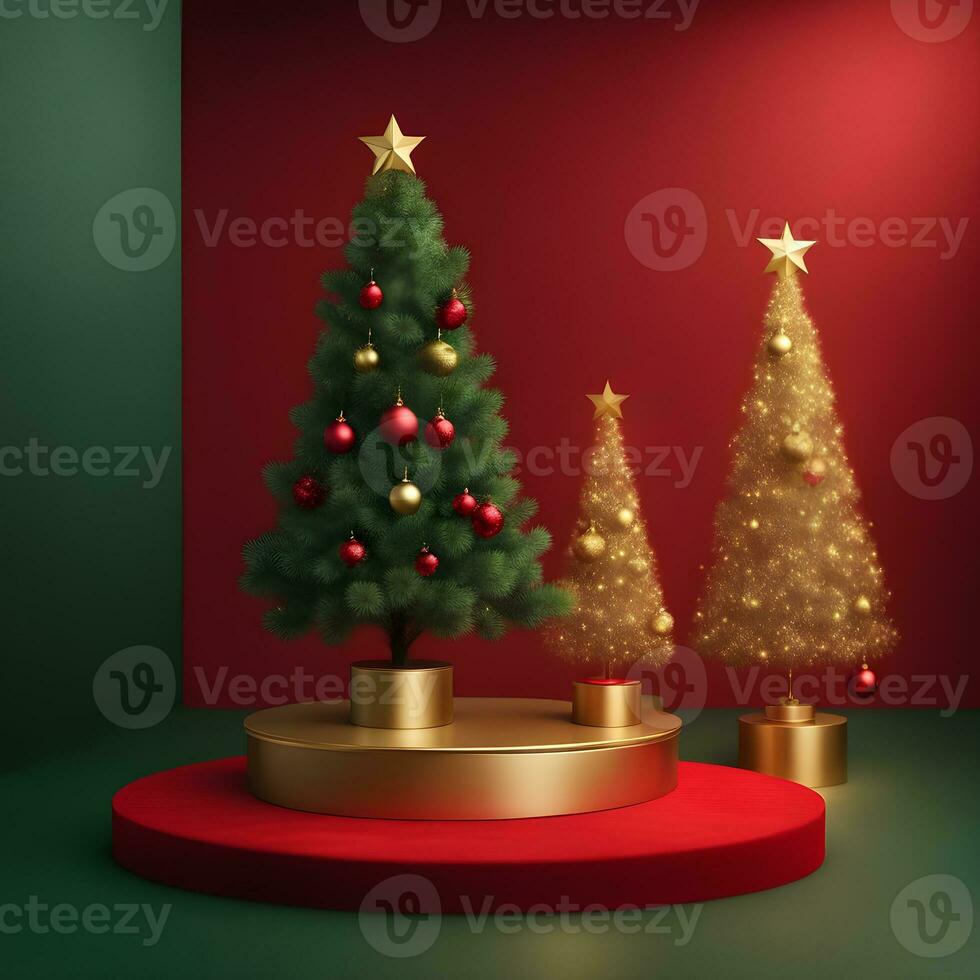christmas-red-texture-and-podium-on-and-golden-balls-green-tree-golden-podium-three--small-podium on december photo