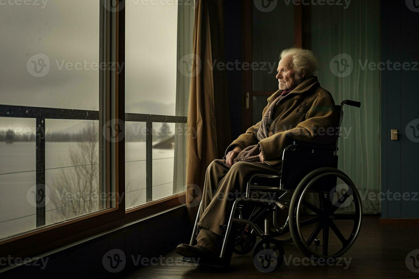 A man in a wheelchair sits against the window, lonely photo