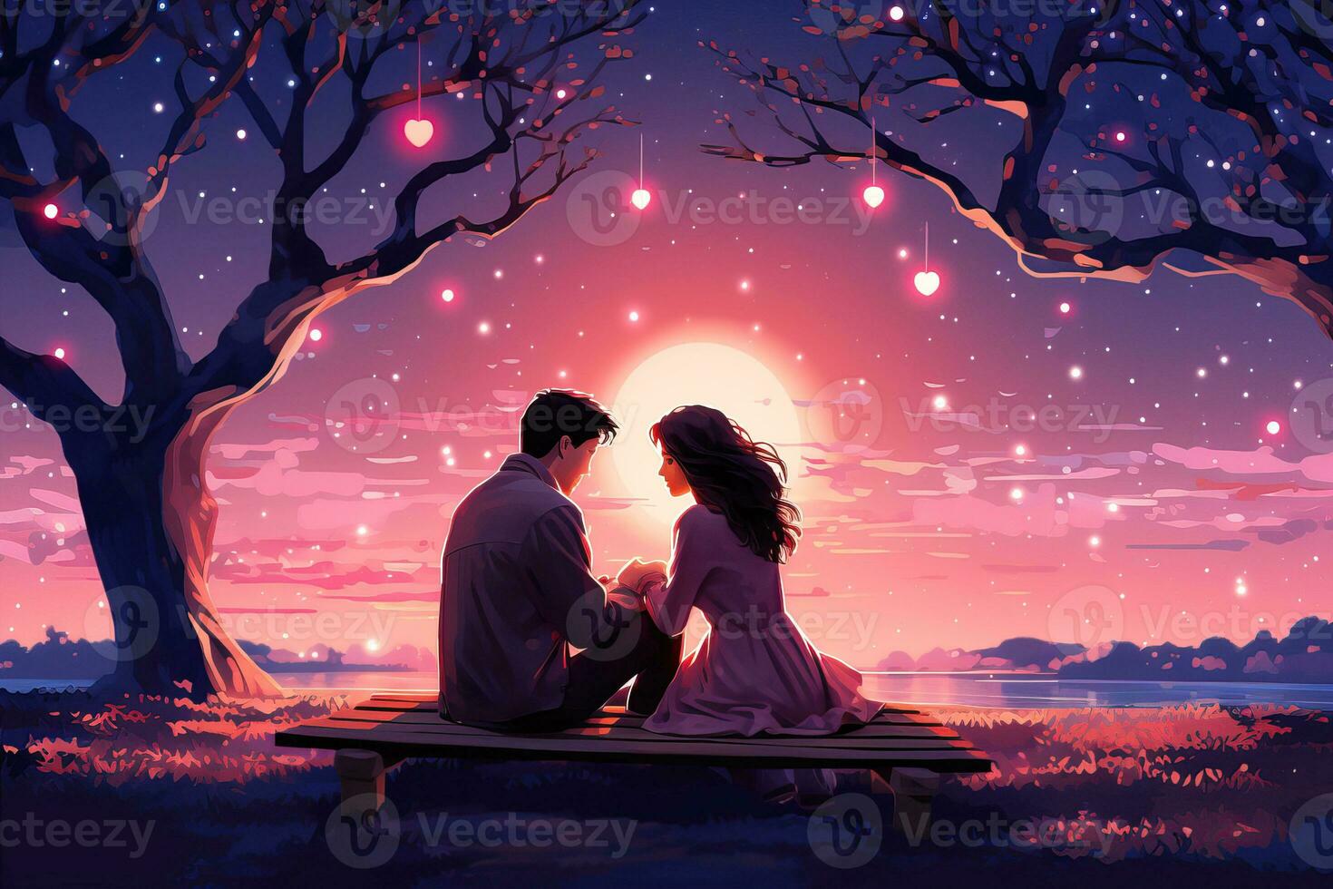 romántico Pareja amantes en parque, debajo arboles romántico fecha noche debajo el estrellas. san valentin día foto
