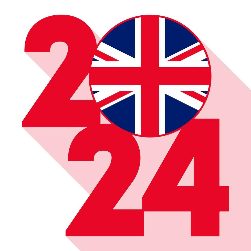 Happy New Year 2024, long shadow banner with UK flag inside. Vector illustration.