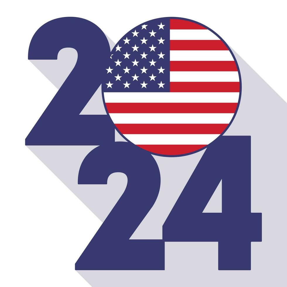 Happy New Year 2024, long shadow banner with USA flag inside. Vector illustration.