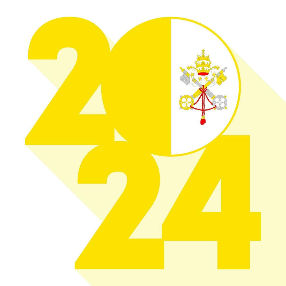 Happy New Year 2024, long shadow banner with Vatican City flag inside. Vector illustration.