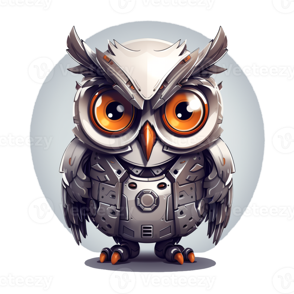 Cartoon owl robots. T-Shirt, Sticker. Funny cyborg. AI Generated png