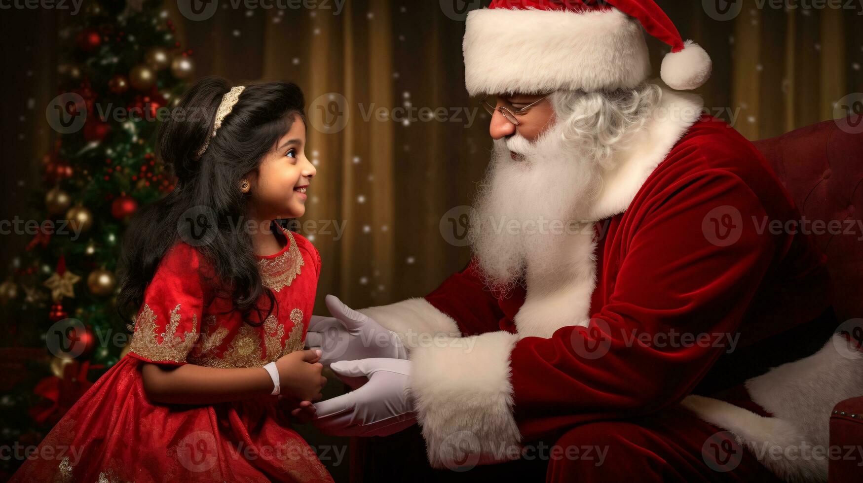 ai generative Children of different ethnicity meeting santa with a bokeh filled background photo