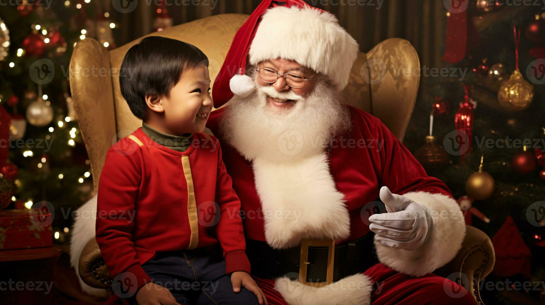 ai generative Children of different ethnicity meeting santa with a bokeh filled background photo