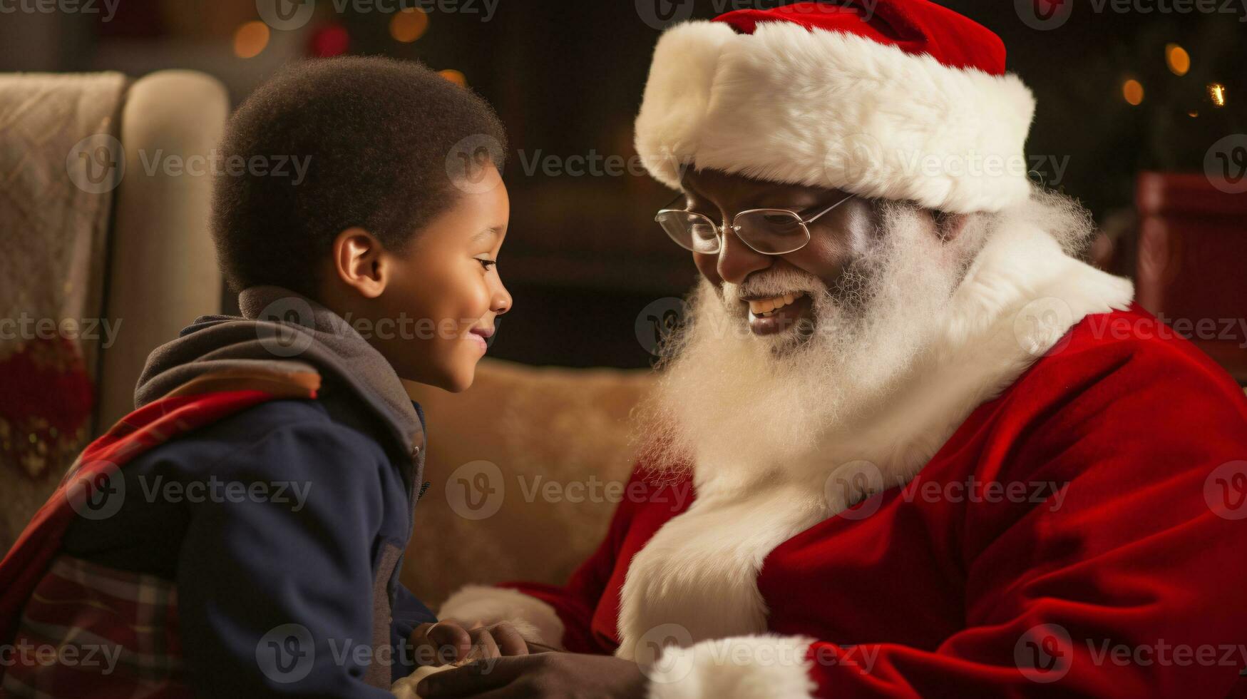 ai generative Children of different ethnicity meeting santa with a bokeh filled background photo