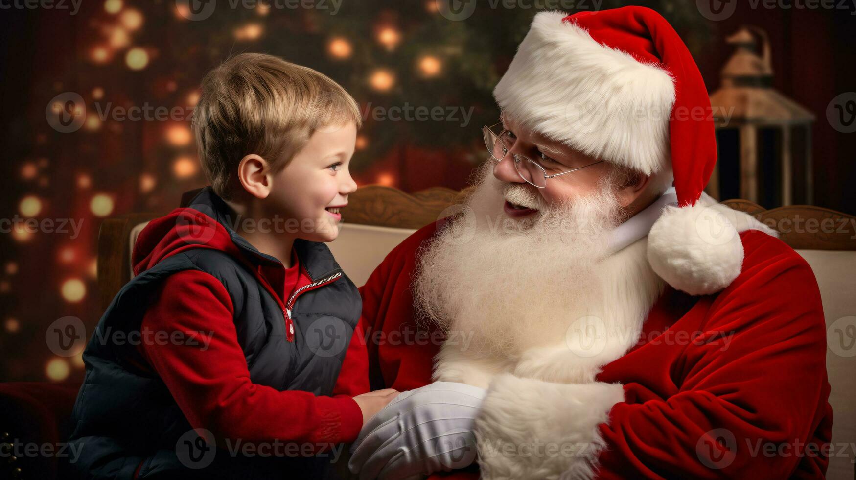 ai generative Children of different ethnicity meeting santa with a bokeh filled background photo