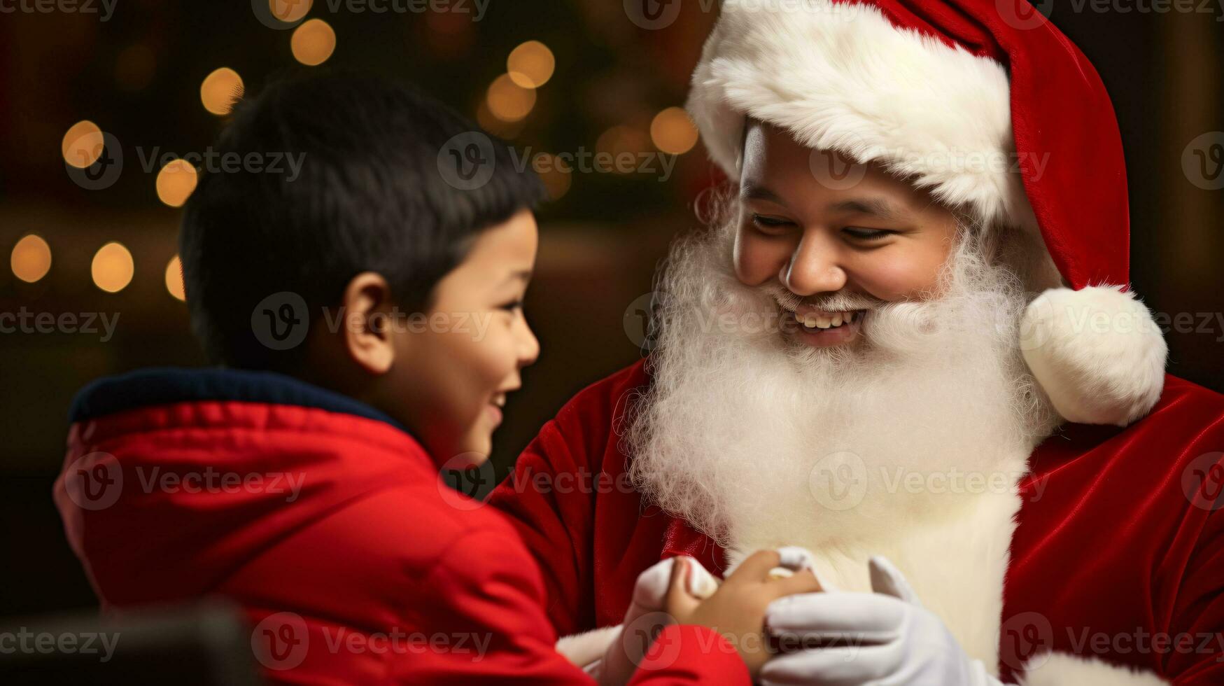ai generative Children of different ethnicity meeting santa with a bokeh filled background photo