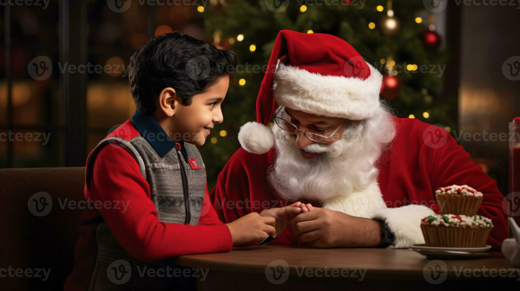ai generative Children of different ethnicity meeting santa with a bokeh filled background photo