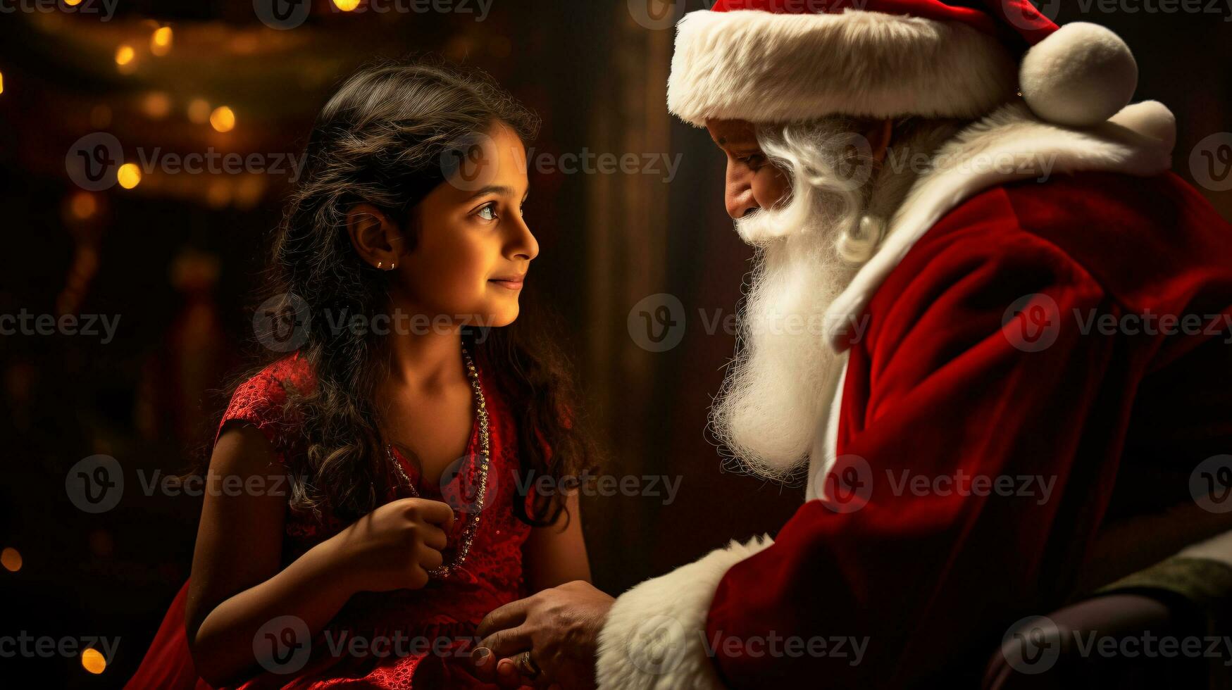 ai generative Children of different ethnicity meeting santa with a bokeh filled background photo