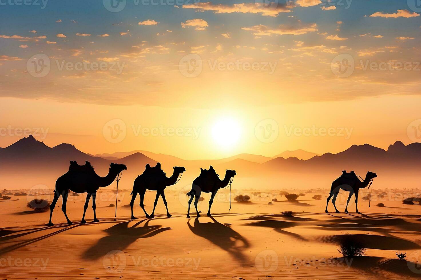 Silhouette of a caravan of camels in the desert at sunset Ai generated photo