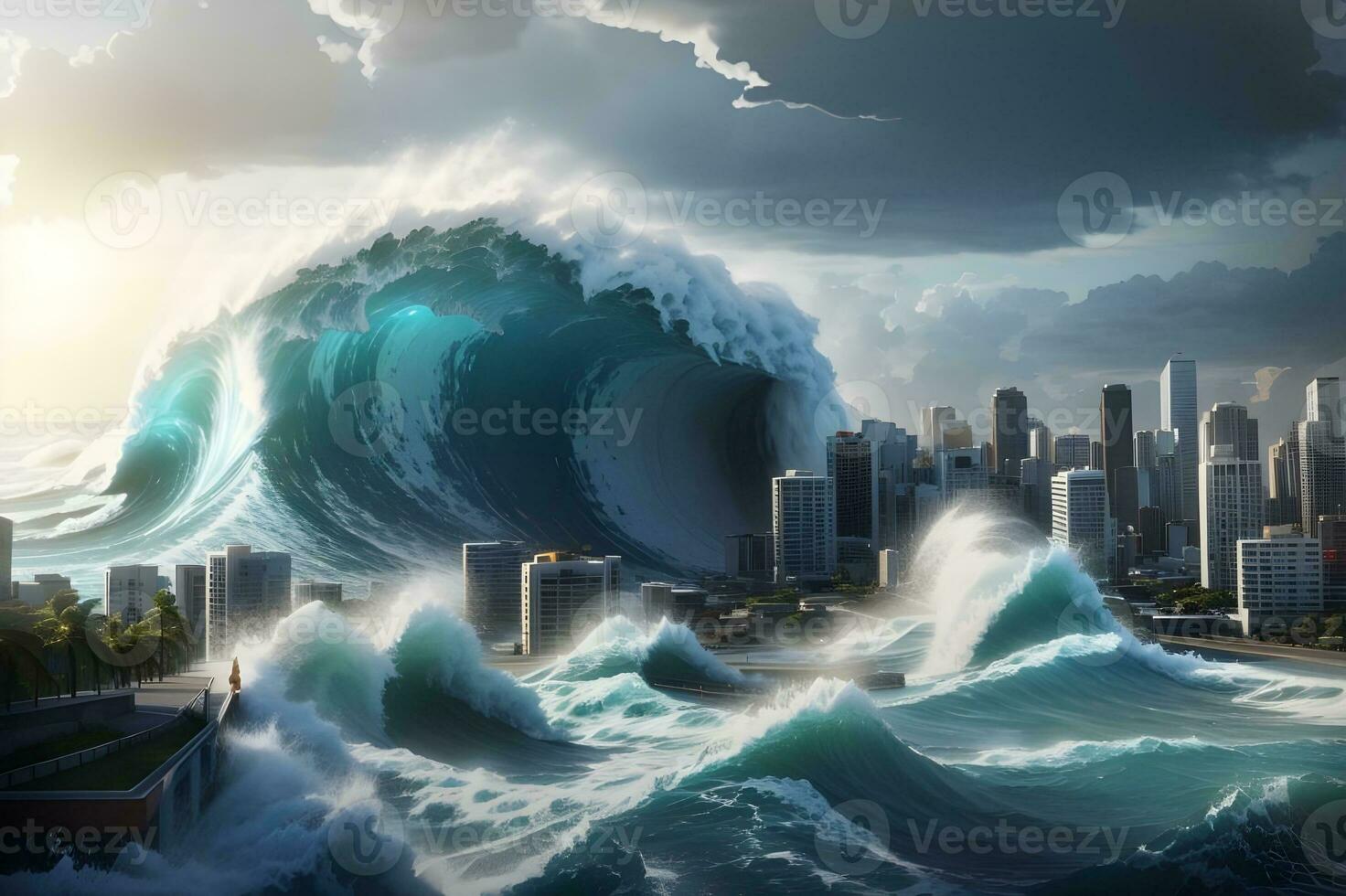 Big stormy Tsunami wave breaking on the city Ai generated photo