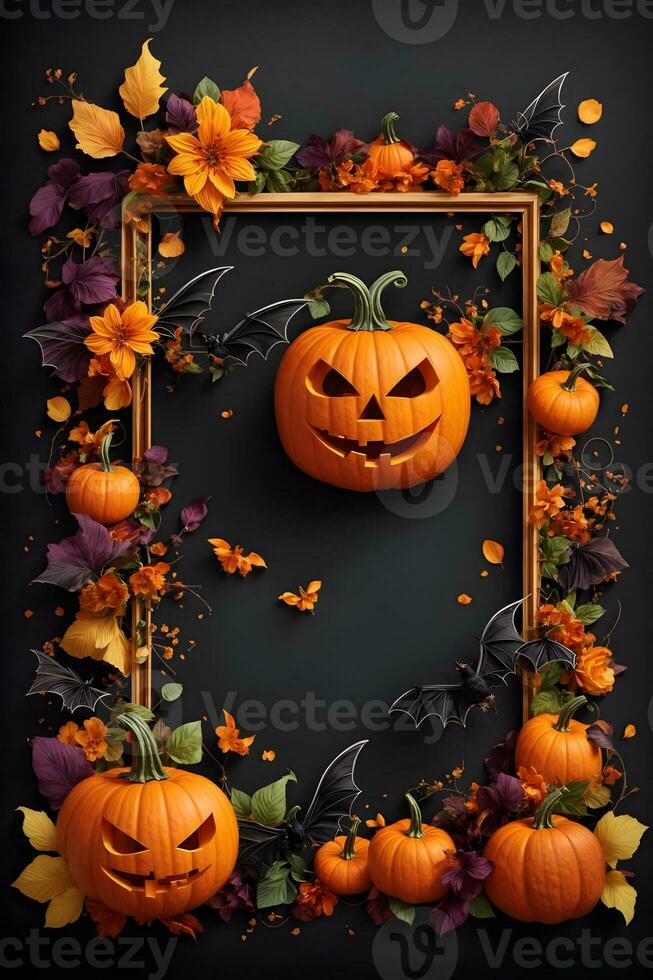 Halloween pumpkins with flying bat Ai generated photo