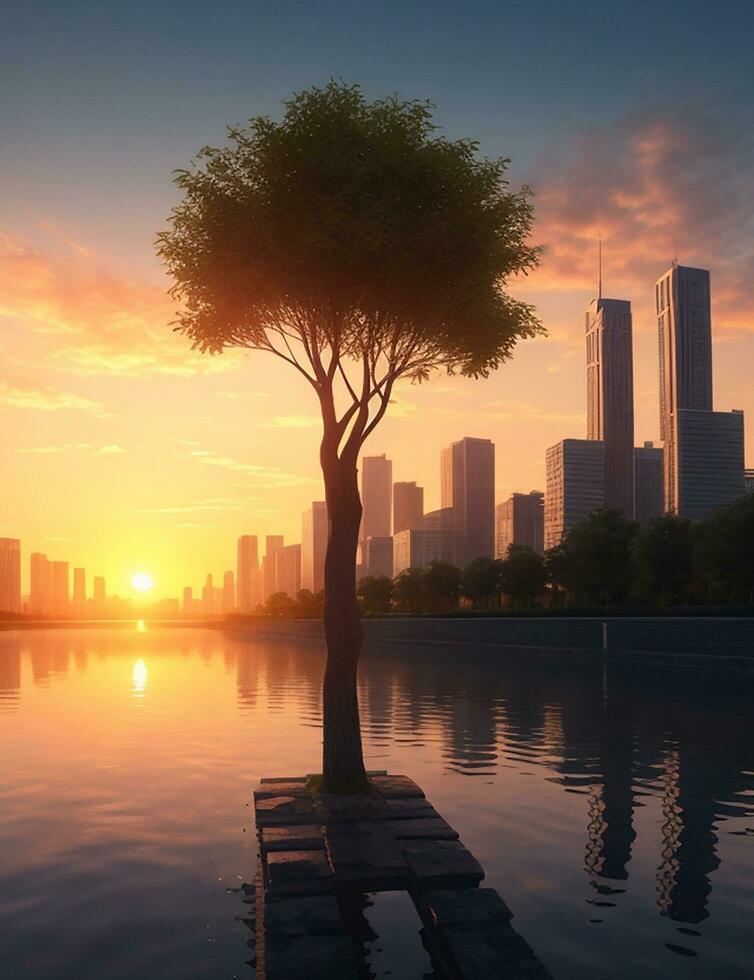 Building City And Sunset, AI Generated photo