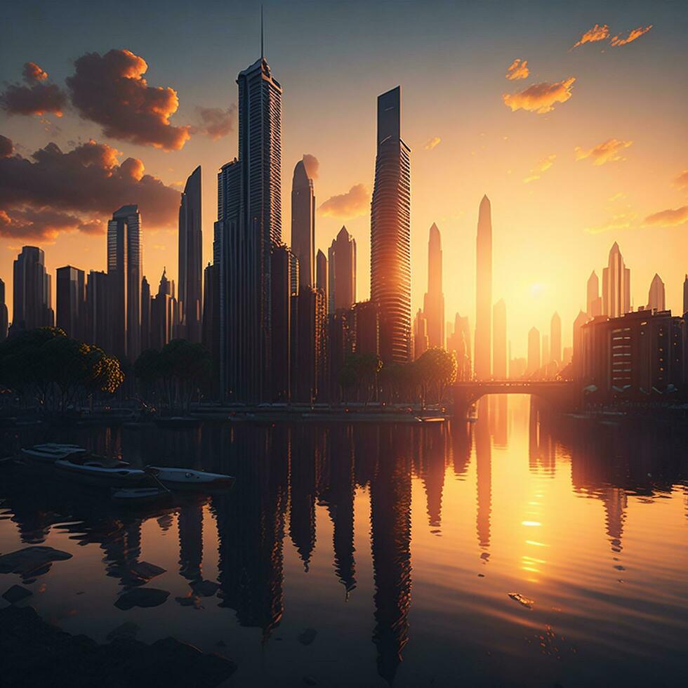 Building City And Sunset, AI Generated photo