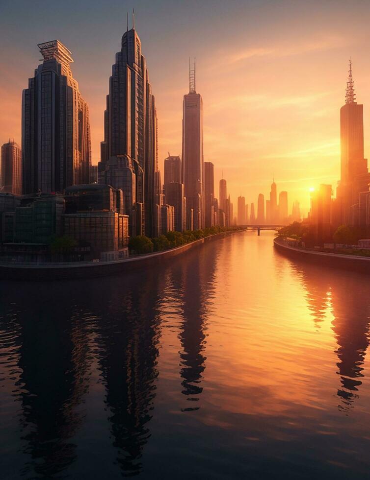 Building City And Sunset, AI Generated photo