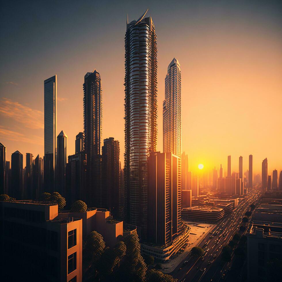 Building City And Sunset, AI Generated photo