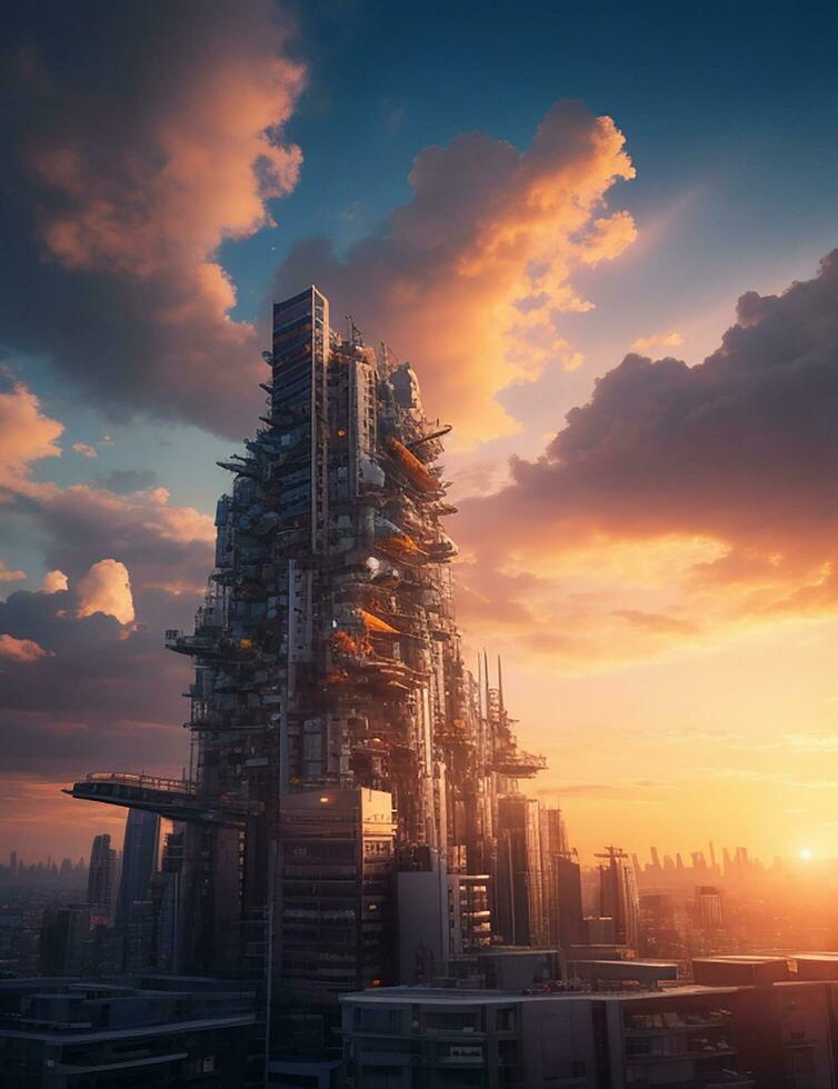 Building City And Sunset, AI Generated photo